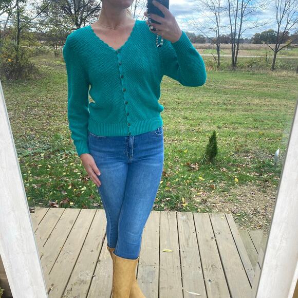 Hunters Run Vintage teal knit cardigan sweater with scalloped neckline - Picture 3 of 7